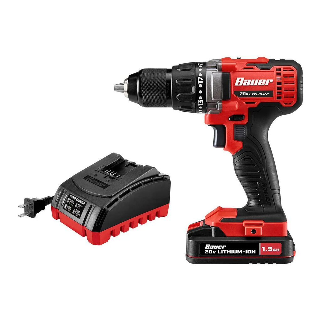 Taladro/atornillador inalámbrico de 20 V, 1/2 pulg. Kit con batería  y cargador (Bauer)